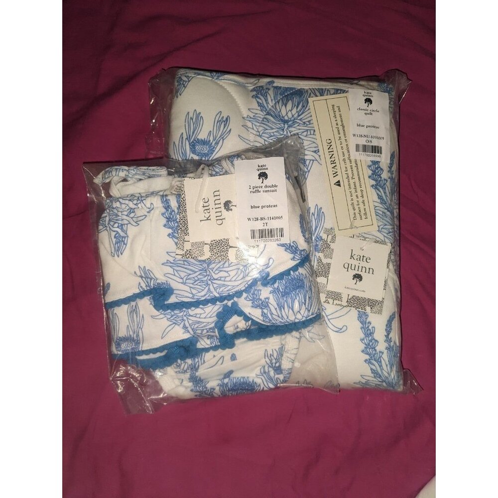 New Kate Quinn quilt and 2pcs ruffle sunsuit 2t (blue proteas)